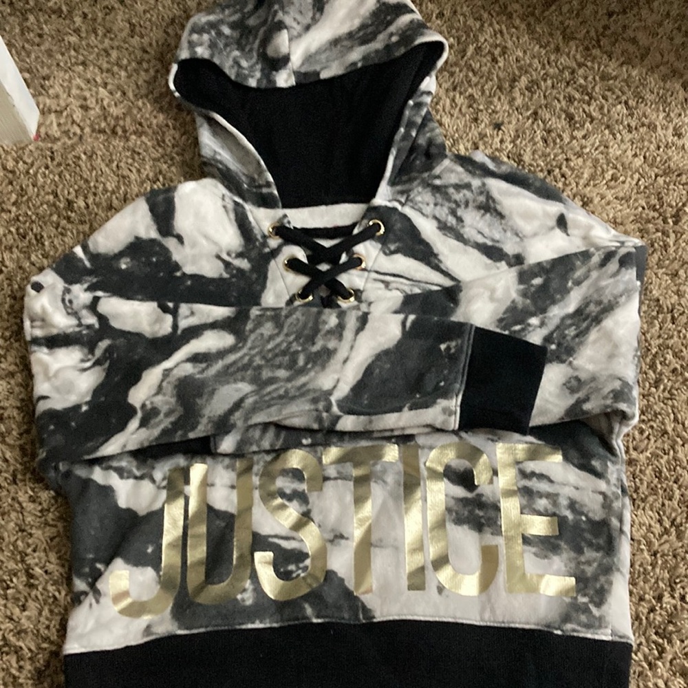 Black and white tie-dye Justice hoodie